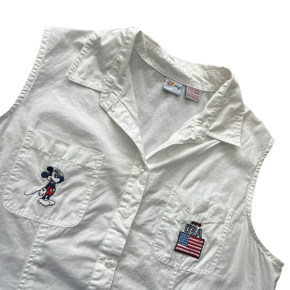 Disney XL Rainbow Tag Embroidered White Sleeveless Shirt Mickey Mouse USA Flag